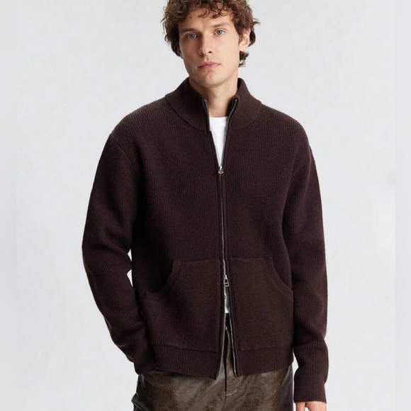 Rich Chocolate Brown Men’s Full-Zip Wool Sweater